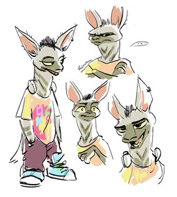 anthro blue_clothing blue_footwear blue_shoes bottomwear brown_body brown_fur clothed clothing ear_piercing fangs female footwear fur multicolored_body multicolored_clothing multicolored_fur multicolored_shirt multicolored_topwear multiple_poses pants piercing pose red_bottomwear red_clothing red_pants shirt shoes solo tail teeth topwear two_tone_body two_tone_fur hima_zacharia goat_(movie) sony_corporation sony_pictures hannah_(goat) aardwolf hyena mammal 2026 absurd_res digital_media_(artwork) hi_res