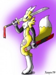 canine claws digimon digitigrade facial_markings female fox fur gloves markings neck_ruff purple_background reagan700 renamon solo sword weapon yellow_fur
Rating: Safe
Score: 2
User: Test-Subject_217601
Date: December 09, 2011