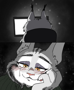 anthro blush bodily_fluids computer electronics fur grey_body grey_fur humor lidded_eyes male solo tears shandrawing4991 disney zootopia pawbert_lynxley canada_lynx felid feline lynx mammal hi_res