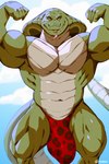 2:3 anthro big_bulge bottomwear bulge clothed clothing cobra detailed_bulge flexing genital_outline green_body hi_res male muscular muscular_anthro muscular_male pecs penis_outline red_bottomwear red_clothing reptile scalie snake solo speedo swimwear taoren tongue tongue_out topless