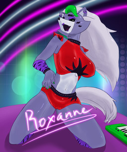 anthro dark_eyes ear_piercing ear_ring female looking_at_viewer machine metallic_body open_mouth piercing pose pupils purple_body ring_piercing smile solo spread_legs spreading stage stage_lights white_pupils duckerzzart five_nights_at_freddy's five_nights_at_freddy's:_security_breach scott_cawthon scottgames steel_wool_studios roxanne_wolf animatronic canid canine canis mammal robot wolf hi_res pinup