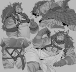 anthro beard braided_hair butt clothing ear_piercing ear_ring facial_hair fangs food fruit fur grape hair harness kilt male nipple_piercing nipples piercing plant ring_piercing solo teeth toga tritscrits final_fantasy final_fantasy_xiv square_enix felid hrothgar mammal hi_res monochrome