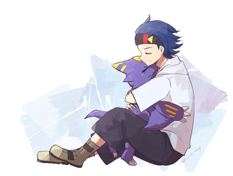 accessory anthro blue_hair clothing duo hair headband hoodie hug male purple_body size_difference smile topwear wings krork_temp bandai_namco digimon digimon_beatbreak raito_souda digimon_(species) human mammal monodramon scalie hi_res