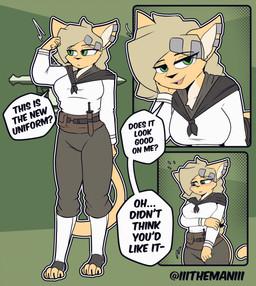 anthro arm_under_breasts black_nose blush breasts clothed clothing dialogue ear_piercing female green_eyes hair knife looking_at_viewer navy_uniform piercing question_mark shy smile text uniform the_man foxhole:_persistant_online_warfare bridge_(the_man) felid feline mammal 2025 2d_animation animated animated_gif english_text frame_by_frame hi_res short_playtime
