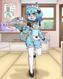 adolescent anthro blue_body blue_fur blue_hair blush breasts cafe clothing collar detailed_background exhibitionism female fur genitals hair inside legwear looking_at_viewer maid_headdress maid_uniform nipples on_one_leg pink_nipples solo standing stockings tail tongue uniform vulva yellow_eyes young young_anthro young_female mintybeans lyn_(mintybeans) domestic_cat felid feline felis mammal 4:5