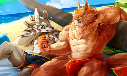 abs anthro armpit_hair aroused beach biceps blush body_hair bottomwear bulge bulge_size_difference clothed clothing countershading duo erection erection_under_clothing flexing food fruit jewelry male melon muscular muscular_anthro muscular_male necklace palm_tree pecs plant seaside shorts speedo swimwear tenting topless tree watermelon waddledox lifewonders puzzle_and_dragons tokyo_afterschool_summoners set_(puzzle_and_dragons) seth_(tas) canid canine canis jackal mammal 5:3 absurd_res hi_res