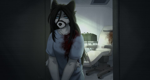 air_vent anthro arm_tuft black_hair blood blood_on_clothing blue_eyes blue_pupils bodily_fluids cable clothed clothing elbow_tuft female fur hair hospital_gown inside light machine muzzle_(object) muzzled pupils seat shadow solo standing text tuft white_body white_fur ruddi canid canine mammal 2025 artist_name hi_res lighting shaded