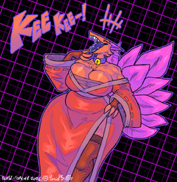 abdominal_bulge anthro asian_clothing bell bell_collar big_breasts breasts clothed clothing collar dress east_asian_clothing exposed_shoulder female japanese_clothing kimono laugh legwear mature_anthro mature_female onomatopoeia purple_ears purple_tail red_body red_clothing red_dress slightly_chubby solo sound_effects stockings tail teeth teeth_showing text thick_thighs wrinkles yanisp5 deltarune undertale_(series) darkner netskie hi_res