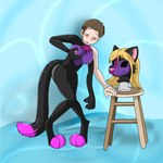 areola black_body black_fur blonde_hair blue_background blue_eyes blush breasts brown_hair butt clothing costume countershade_fur countershading digitigrade female fondling fur furniture fursuit gender_transformation hair human_only human_to_anthro leaning_on_object mtf_transformation nipples not_furry nude pink_body pink_fur purple_body purple_countershading purple_fur self_fondle simple_background smile solo species_transformation standing stool suit_transformation tail transformation tuft fox0808 domestic_cat felid feline felis human mammal 1:1 2011 colored