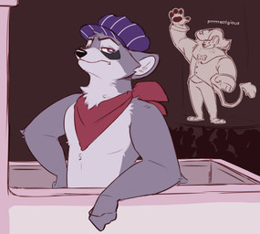 anthro biped bow_tie clothed clothing engineer_cap fur group hat headgear headwear kerchief male mostly_nude purple_eyes scarf scarf_only tail text train vehicle mosin indigo_park lloydford_l._lion rambley_raccoon felid lion mammal pantherine procyonid raccoon digital_drawing_(artwork) digital_media_(artwork) english_text hi_res