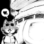 anthro backpack belt butt close-up clothing eyewear female glasses hair heart_symbol lipstick makeup short_hair simple_background solo creator_ant mary_(creator_ant) domestic_cat felid feline felis mammal 1:1 black_and_white hi_res monochrome