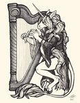 anthro clothed clothing female fur harp horn musical_instrument playing_music plucked_string_instrument robe simple_background solo string_instrument white_background laylah-art mythology equid equine mammal mythological_creature mythological_equine unicorn black_and_white monochrome