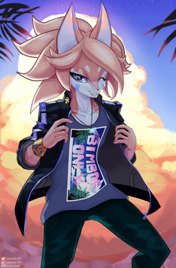 ankh anthro bracelet clothed clothing crystal dusk fluffy fluffy_hair gold_(metal) gold_jewelry hair jacket jewelry looking_at_viewer male necklace one_eye_closed open_clothing open_topwear outside print_clothing print_shirt print_t-shirt print_topwear shirt smile smirk solo sunset t-shirt topwear wink cephei cephei_grant canid canine canis jackal mammal hi_res