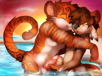 anthro balls butt duo erection evening eyes_closed flying foreskin frottage fur genitals happy humanoid_genitalia humanoid_penis male male/male navel nipples nude outside partially_retracted_foreskin partially_submerged penile penis penises_touching sea sex sky smile standing vein veiny_penis water wet young kyubbi-arts ferloo ambient_bird bear felid mammal pantherine tiger 2014 4:3 character_request hi_res