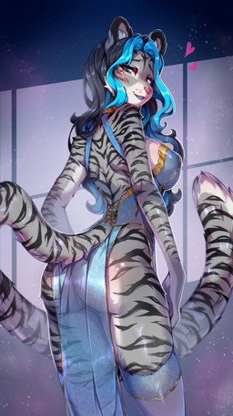 anthro black_hair black_stripes blue_background blue_clothing blue_eyes blue_highlights blue_legwear blue_lingerie blue_stockings blue_tongue blush breasts butt clothing dress female fur gold_accents grey_body grey_fur hair heart_symbol highlights_(coloring) legwear lingerie looking_back nipple_outline rear_view simple_background solo stockings stripes tail tongue translucent translucent_clothing tekahika freyja_(freyjatigress) felid mammal pantherine tiger absurd_res hi_res