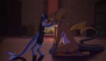 anthro barefoot big_breasts blue_body breasts collar collar_only digitigrade duo feet female fire fireplace head_grab implied_hypnosis inside kneeling male male/female nude pawpads side_view size_difference standing tail yellow_eyes moomaid nintendo pokemon lunarkeys eeveelution generation_1_pokemon pokemon_(species) raichu vaporeon 2025 absurd_res digital_media_(artwork) hi_res story story_in_description