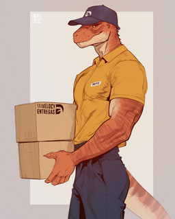 5_fingers anthro arrow_sign athletic athletic_anthro athletic_male barazoku baseball_cap biped black_bottomwear black_clothing black_hat black_headwear black_pants bottomwear box brown_object clothed clothed_anthro clothed_male clothing container delivery_(commerce) delivery_employee fingers grey_background happy hat headgear headwear holding_object larger_anthro lifting lifting_object light_body light_skin looking_at_viewer male male_anthro markings mouth_closed multicolored_body muscular muscular_anthro muscular_arms muscular_male object_in_hand orange_body orange_skin pants pecs red_eyes sharp_teeth shirt simple_background size_difference slim slim_anthro slim_male smile solo spikes standing striped_body striped_markings striped_tail stripes symbol tail tail_markings teeth teeth_showing text topwear two_tone_body two_tone_face uniform white_background yellow_clothing yellow_shirt yellow_topwear ekzonzz dinosaur dromaeosaurid prehistoric_species reptile saurischian scalie theropod velociraptor absurd_res artist_name digital_drawing_(artwork) digital_media_(artwork) hi_res portuguese_text signature translation_request watermark