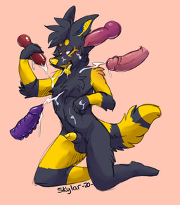 animal_genitalia animal_penis anthro arm_tuft balls black_balls black_body black_fur black_hair black_sheath black_stripes blonde_eyebrows blue_body blue_eyes blue_fur blue_inner_ear_fluff blush bodily_fluids bukkake canine_genitalia canine_penis circle_eyebrows cum cum_covered cum_in_mouth cum_inside cum_on_belly cum_on_body cum_on_face cum_on_hand cum_on_penis cum_on_tongue cum_string cumshot ejaculation elbow_tuft erection eyebrows facial_markings fingers fluffy fluffy_tail fur genital_fluids genitals glans group hair half-closed_eyes hand_on_penis handjob head_markings heterochromia humanoid_genitalia humanoid_penis inner_ear_fluff kneeling knot looking_aside male male/male markings messy narrowed_eyes neck_tuft open_mouth penile penis penis_tip pink_glans pink_penis purple_penis red_penis sex sheath simple_background striped_markings stripes tail teeth tongue tongue_out tuft yellow_body yellow_eyes yellow_fur yellow_markings yellow_nose yellow_penis yellow_stripes yellow_tongue skylardoodles fate_the_pain canid canine mammal 2020 dated digital_media_(artwork) hi_res shaded signature