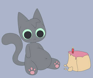 :< ambiguous_gender anthro belly big_belly birthday_cake cake candle dessert dynamite_candle food green_sclera grey_background grey_body pawpads silly simple_background sitting solo tail text gooblie_2 isaac_(gooblie_ii) domestic_cat felid feline felis mammal absurd_res hi_res