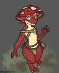 anthro bag belt belt_bondage blue_eyes clothed clothing female fungus looking_at_viewer mushroom red_body solo hardenonn kobold scalie hi_res tagme