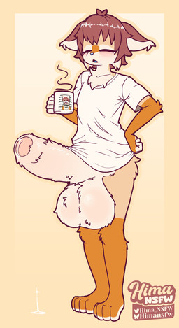 anthro balls big_balls big_penis blush bodily_fluids brown_hair casual_erection clothing container cup erection eyes_closed fluffy_balls fluffy_foreskin fluffy_penis foreskin fur genital_fluids genitals glans hair hand_on_hip holding_container holding_cup holding_object huge_balls huge_penis humanoid_genitalia humanoid_penis hyper hyper_balls hyper_genitalia male morning_wood mug mugshot open_mouth orange_body orange_fur penis precum shirt solo standing tan_body tan_fur topwear white_body white_fur yawn hima_nsfw ande_(hima_nsfw) canid canine felid feline fox hybrid lynx mammal absurd_res hi_res