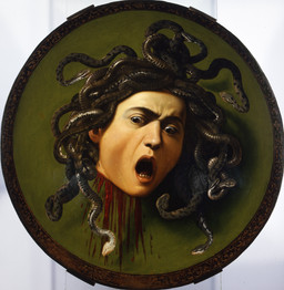 ambiguous_gender blood bodily_fluids death eyebrows green_background lips not_furry open_mouth realistic severed_body_part severed_head simple_background solo teeth caravaggio european_mythology greek_mythology mythology medusa gorgon humanoid mammal reptile scalie snake 16th_century absurd_res ancient_art formal_art hi_res oil_painting_(artwork) painting_(artwork) traditional_media_(artwork) traditional_painting_(artwork)