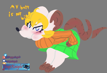 anthro blush bottomwear cheek_bulge clothed clothing female fur pouting shortstack skirt sweater tail text topwear white_body white_fur trapknight capcom resident_evil ashley_graham moushley mammal mouse murid murine rodent english_text hi_res
