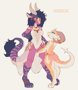 accessory anthro breasts claws cleavage clothed clothing duo ear_piercing female horn hugging_leg jewelry markings non-mammal_breasts piercing simple_background size_difference tail waspsalad mythology dragon kobold mythological_creature mythological_scalie scalie 2021 digital_media_(artwork) hi_res
