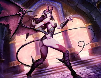 5_fingers breasts butt column dutch_angle female fingers holding_object holding_whip hooves horn humanoid_pointy_ears looking_at_viewer membrane_(anatomy) membranous_wings not_furry pointy_ears smile solo tail whip wings genzoman blizzard_entertainment warcraft world_of_warcraft_trading_card_game demon demon_humanoid humanoid succubus_(warcraft) digital_media_(artwork) official_art
