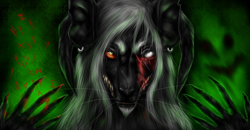 anthro black_body black_fur black_nose blind_eye claws clenched_teeth dark ear_piercing ear_ring facial_hair facial_scar fur goatee green_background grey_hair hair horn long_hair male orange_sclera piercing ring_piercing scar simple_background solo teeth text whiskers rakardia demon mammal murid murine rat rodent hi_res source_request