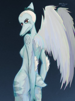 abstract_background amber_eyes anthro arm_tattoo black_eyeshadow black_lipstick bone_frill breasts butt elbow_feathers eyeshadow feathered_wings feathers female frill_(anatomy) glistening glistening_arms glistening_body glistening_breasts glistening_scales glistening_tail grey_body grey_feathers grey_hair grey_scales hair lipstick looking_at_viewer looking_back looking_back_at_viewer makeup nude nude_anthro nude_female scales short_hair short_tail snout solo tail tasteful_nudity tattoo text wings r1_tocuyo cavemanon_studios goodbye_volcano_high ko_op_(game_developer) snoot_game fang_(gvh) prehistoric_species pterodactylus pterosaur reptile scalie 2025 3:4 artist_name dated digital_drawing_(artwork) digital_media_(artwork) hi_res watermark