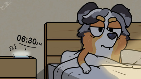 alarm_clock angry anthro bangs bed bedroom cellphone clock detailed_background electronics eye_bags female fluffy fur furniture light long_ears long_fur messy_fur morning multicolored_body orange_body phone solo sunlight toony zankandreas bluey_(series) calypso_(bluey) australian_shepherd canid canine canis domestic_dog herding_dog mammal pastoral_dog sheepdog 16:9 4k absurd_res hi_res widescreen