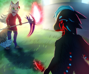 angry anthro arm_tuft battle black_body black_feathers blonde_hair blood blood_tears blue_body blue_fur blue_hair bodily_fluids brown_body brown_fur clothing collar detailed_background elbow_tuft energy energy_weapon feather_ear_ring feathered_wings feathers field fighting_pose fluffy fluffy_tail fur glowing glowing_blood glowing_eyes glowing_markings grass grass_field green_eyes hair knife legwear long_hair magic markings melee_weapon neck_tuft orange_body orange_fur plant polearm pose red_eyes scythe sweater tail tail_feathers thigh_highs topwear tree tuft unusual_blood unusual_bodily_fluids wall_(structure) weapon white_body white_fur wings stellaamoris stella_(stellaamoris) vetrix_(kori) avali 6:5 absurd_res digital_media_(artwork) digital_painting_(artwork) hi_res painting_(artwork)