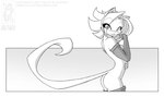 anthro arm_warmers armwear blush butt clothing female hair legwear looking_at_viewer mostly_nude no_pupils short_hair side_view simple_background smile solo tail thigh_highs translucent translucent_hair conditional_dnp jollyjack sequential_art kat_vance domestic_cat felid feline felis mammal 2017 monochrome