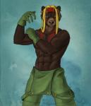 abs anthro biceps biped blonde_hair blue_eyes brown_body brown_fur clothed clothing cosplay front_view fur gloves hair handwear looking_at_viewer male muscular muscular_anthro muscular_male nipples overalls pecs simple_background solo standing topless treefyleaves capcom street_fighter alex_(street_fighter) bear mammal