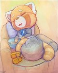 anthro clothed clothing diaper diaper_fetish eyes_closed feces full_diaper fur furniture male scatplay simple_background sleeping smile soiled soiled_diaper soiling solo topwear unclean_diaper used_diaper wearing_diaper overflo207 aggretsuko sanrio resasuke ailurid mammal red_panda digital_media_(artwork) hi_res