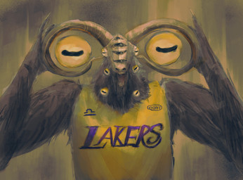 5_fingers anthro brown_body brown_fur curved_horn fingers floating_eyes fur gradient_background horn humor looking_at_viewer male multi_eye open_mouth simple_background solo sports_jersey sathrias elden_ring elden_ring_nightreign fromsoftware los_angeles_lakers nba libra_creature_of_night bovid caprine goat mammal absurd_res digital_media_(artwork) digital_painting_(artwork) hi_res painting_(artwork)