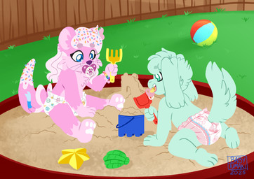 accessory ball beach_ball bow_ribbon bracelet bunnyhopps_(diaper) clothed clothing crossdressing day detailed_background diaper drabbit feet femboy fur green_body green_fur hair_accessory hindpaw inflatable jewelry male object_in_mouth outside pacifier pacifier_in_mouth pawpads paws pink_body pink_fur plantigrade sand sandbox sitting sprinkles sprinkles_in_hair sprinkles_on_tail tail toddlers toy wearing_diaper whiskers white_pawpads young wuta-tumaki abuniverse bambino_diapers bunnyhopps katiepup mint_(thefurryboat) hybrid mammal mustelid otter river_otter 2025 absurd_res digital_drawing_(artwork) digital_media_(artwork) hi_res lineless