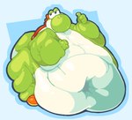 anthro belly_on_ground belly_overhang clothing deep_navel fat_arms fat_legs fat_rolls footwear gesture hand_gesture male moobs morbidly_obese morbidly_obese_male navel obese obese_male overweight overweight_male shoes simple_background solo standing thumbs_up roundedpentagon mario_bros nintendo green_yoshi yoshi hi_res