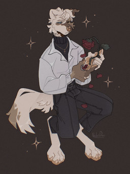 anthro belt clothed clothing cross cross_necklace flower frown heterochromia holding_object jewelry male necklace petals plant rose_(flower) shirt simple_background solo sweater topwear turtleneck vailet_deer canid canine canis domestic_dog mammal hi_res