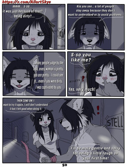 anthro black_body black_eyes black_fur black_hair dialogue duo female fur grey_body grey_fur hair male male/female pink_body pink_nose text white_body white_fur allartskye kia_(allartskye) skye_(allartskye) american_opossum canid canine canis mammal marsupial wolf comic english_text hi_res url