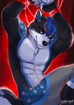 abs anthro arms_tied bdsm bondage bound devious_grin male muscular rope solo space star submissive submissive_male text littlebadwolf kuro_(kur0z) canid canine canis mammal wolf absurd_res hi_res url