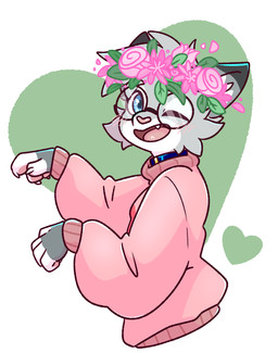 accessory anthro blue_collar blue_eyes blush blush_lines claws clothed clothing collar dipstick_ears dipstick_fingers ear_markings eyewear femboy flower flower_crown flower_in_hair fur garland glasses grey_body hair hair_accessory happy heart_symbol leaf looking_at_viewer male markings multicolored_ears one_eye_closed open_mouth oversized_clothing oversized_sweater oversized_topwear pawpads paws petals pink_clothing pink_nose pink_sweater pink_topwear plant raised_arm raised_arms rose_(flower) round_glasses simple_background smile solo sweater teeth tongue topwear wink winking_at_viewer honeytongue nixuelle domestic_cat egyptian_mau felid feline felis mammal 2026 absurd_res digital_media_(artwork) half-length_portrait hi_res portrait
