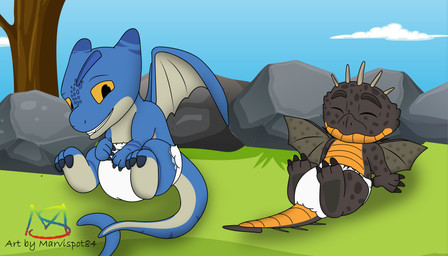 belly blue_body brown_body claws clean_diaper clothed clothing diaper duo eyes_closed feet feral grass lying male markings outside plant rock sitting sky smile spikes spikes_(anatomy) spread_wings tail tan_belly teeth wearing_diaper white_diaper wings yellow_belly yellow_eyes young marvispot84 dragons:_rescue_riders dreamworks mythology cutter_(rescue_riders) winger_(rescue_riders) dragon mythological_creature mythological_scalie relentless_razorwing scalie swiftwing absurd_res hi_res watermark