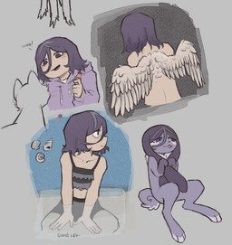 ambiguous_gender anthro blep clothing crop_top duo feathered_wings feathers feet feral floppy_ears hair hindpaw hoodie paws seashell shell shirt sitting solo tongue tongue_out topwear wings aku_arq clinical_trial angel_martinez angel angel_humanoid domestic_cat felid feline felis human humanoid lagomorph leporid mammal rabbit winged_humanoid nonbinary_(lore)