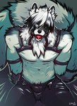 anthro arms_tied ball_gag bound bulge collar fluffy fluffy_tail gag harness leather male peaking solo tail thick_tail lilshark mihoyo zenless_zone_zero von_lycaon canid canine canis mammal wolf absurd_res hi_res