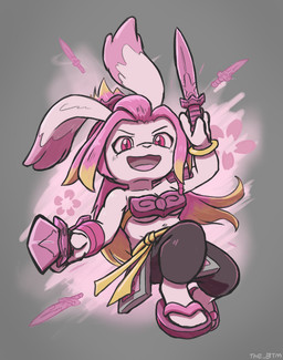 anthro breasts female fur hair medium_breasts melee_weapon pink_eyes pink_hair solo sword under_boob weapon white_body white_fur theblacktotem gunfire_reborn tao_(gunfire_reborn) lagomorph leporid mammal rabbit
