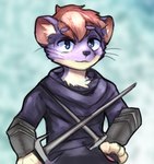 anthro biped blue_eyes clothing countershading male markings ninja paws purple_body red_markings sai tan_body warrior weapon atokota blitzstoat_(gyro) mammal mustelid musteline stoat true_musteline weasel