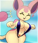 anthro anthrofied beach big_breasts big_ears bikini blue_bikini blue_clothing blue_swimwear breasts clothing curvy_figure eyebrows eyes_closed female fist fur generation_3_pokemon heart_symbol hi_res hoodie_stalker navel nintendo nipple_outline one-piece_swimsuit open_mouth pink_body pink_fur pokemon pokemon_(species) pokemorph skitty sky sling_bikini smile solo swimwear tail thick_thighs tongue two-piece_swimsuit voluptuous wide_hips