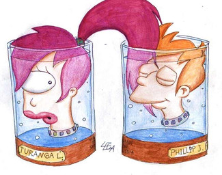 bodyless duo eyes_closed female hair lipstick makeup male male/female not_furry orange_hair purple_hair smile leenakill comedy_central futurama philip_j._fry turanga_leela cyclops human humanoid mammal traditional_media_(artwork)